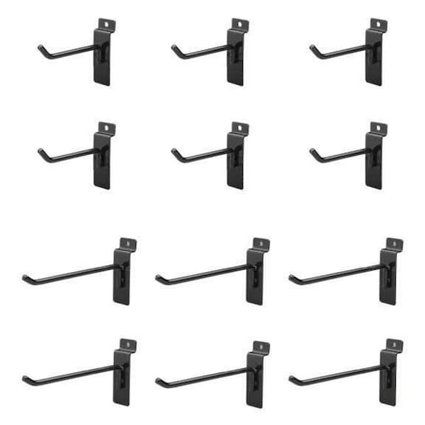 Back2Basics Jifram Extrusions; Inc. Easy Living Easy Wall Bag of Six 4 in. & Six 6 in. 45 Degree Black Metal Slatwall Hooks with Stabalizer & Double Hook Clips BA13401 - main